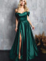 Shop 2023 ANNAKOO Off Shoulder Dark Green Satin Long Prom Dress withSlit Under 129