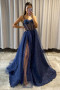 Shop 2023 ANNAKOO Sparkle Tulle A Line Navy Blue Prom Dress With Slit Under 157