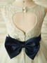 Simple Ivory Jewel Open Back Flower Girl Dress with Bow
