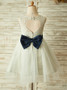 Simple Ivory Jewel Open Back Flower Girl Dress with Bow