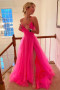 Shop ANNAKOO 2023 Hot Pink Blackless Tulle Pleated A-line Long Prom Dress Under 129