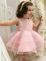 Cheap Knee Length Tiered Pink Tulle Flower Girl Dress