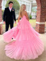 Shop 2023 ANNAKOO  V Neck Layered Pink Tulle Long Prom Dress With Slit Under 188