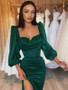 Shop 2023 ANNAKOO Satin Ruched Square Long Sleeves Green Formal Dress under 135