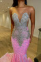 Pink Sequins V-Neck Mermaid  Prom Dress With Crystals