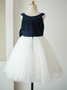 Cheap Bateau White Flower Girl Dress with Navy Blue Bow