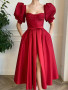 Shop 2023 ANNAKOO Red Satin Puffy Sleeve Buttons Prom Dress With Pockets Under 145