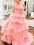 Shop 2023 ANNAKOO Strapless Layered Pink Tulle Pleats Prom Dress Under 178
