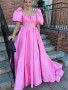 Shop 2023 ANNAKOO Open Back Puffy Sleeve Pink Satin Prom Dress Under 158