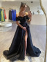Shop 2023 ANNAKOO Beading Off Shoulder Black Satin High SlitProm Dress Under 149