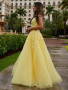 Shop 2023 ANNAKOO V Neck Two Pieces Yellow Lace Long Prom Dress Under 159