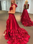 Shop 2023 ANNAKOO Ruffles V Neck Open Back Red Satin Prom Dress With High Slit Under 164