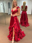 Shop 2023 ANNAKOO Ruffles V Neck Open Back Red Satin Prom Dress With High Slit Under 164