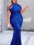 Blue Sequin Off Shoulder Mock Neck Bodycon Party Dress