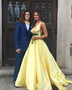 Shop 2024 ANNAKOO Yellow Satin A Line V Neck Prom Dress With Pockets Under 119