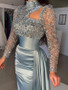 Long Sleeve High Neck Satin Silver Prom Dress