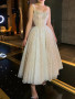 Shop 2024 ANNAKOO Champagne Straps Tea Length Sequin Tulle Prom Dress Under 169