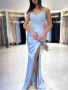Shop 2024 ANNAKOO Blue V Neck Satin Sheer Mermaid Long Prom Dress Under 139