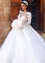 Illusion Long Sleeve Appiques Tulle Bateau Ball Gown Wedding Dress 