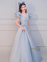 Shop 2024 ANNAKOO Light Blue Satin Beading Square Neck A Line Puffy Sleeve Prom Dress Under 159