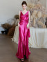 Shop 2024 ANNAKOO V Neck Fuchsia Satin Sheath Ruched Prom Dress Under 159