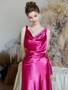 Shop 2024 ANNAKOO V Neck Fuchsia Satin Sheath Ruched Prom Dress Under 159