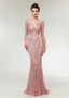  Lace Jewel Pink Long Sleeve Mermaid Evening Prom Dress 