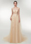 Tulle Scoop Champagne Beading A-line Prom Dress