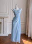 Shop 2024 ANNAKOO Blue Chiffon Ruched Tea Length Sheath Column Party Dress Under 99
