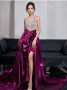 Halter Beading Purple Satin A Line Prom Dress With Slit