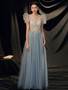 Shop 2024 ANNAKOO Puffy Sleeves V Neck Blue Beading Prom Dress Under 178