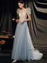 Shop 2024 ANNAKOO Puffy Sleeves V Neck Blue Beading Prom Dress Under 178