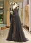  Long Tulle V-neck Champagne Sheer Beadings Prom Dress 