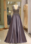 Satin Jewel Purple Sheer A-Line Long Prom Dress 