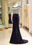 Velvet Scoop Short Sleeve Beading Mermaid Prom Dress