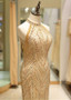 Jewel Gold Long Beading Sparkle Mermaid Prom Dress