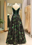 Embroidery Satin Spaghetti Straps Long Green Prom Dress