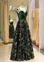 Embroidery Satin Spaghetti Straps Long Green Prom Dress