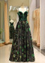 Embroidery Satin Spaghetti Straps Long Green Prom Dress