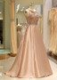  Pink Satin Jewel Long Beading  A-line Prom Dress