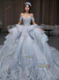 Shop 2024 ANNAKOO Blue Off The Shoulder Tulle Beading Ruffles Ball Gown Wedding Dress Under 487