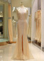 Tulle High Collar Gold Long Mermaid Evening Prom Dress
