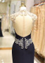 Spandex High Collar Black Beading Mermaid Evening Dress 