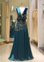 Green Satin V-neck Long Beading  A-line Formal Dress 