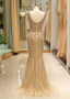 Tulle V-neck Neckline Floor-length Gold Beading Luxury  Mermaid Evening Dress 