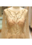 Long Sleeve Gold Tulle Jewel Neckline Beadings Floor-length Prom Evening Dress