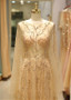 Long Sleeve Gold Tulle Jewel Neckline Beadings Floor-length Prom Evening Dress