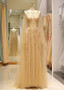 Long Sleeve Gold Tulle Jewel Neckline Beadings Floor-length Prom Evening Dress