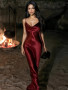Shop 2024 ANNAKOO Satin Burgundy Spaghetti Straps Long Prom Party Dress Under 99