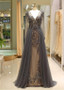 Tulle V-neck Neckline Floor-length Beadings Long Sleeves A-line Evening Dress